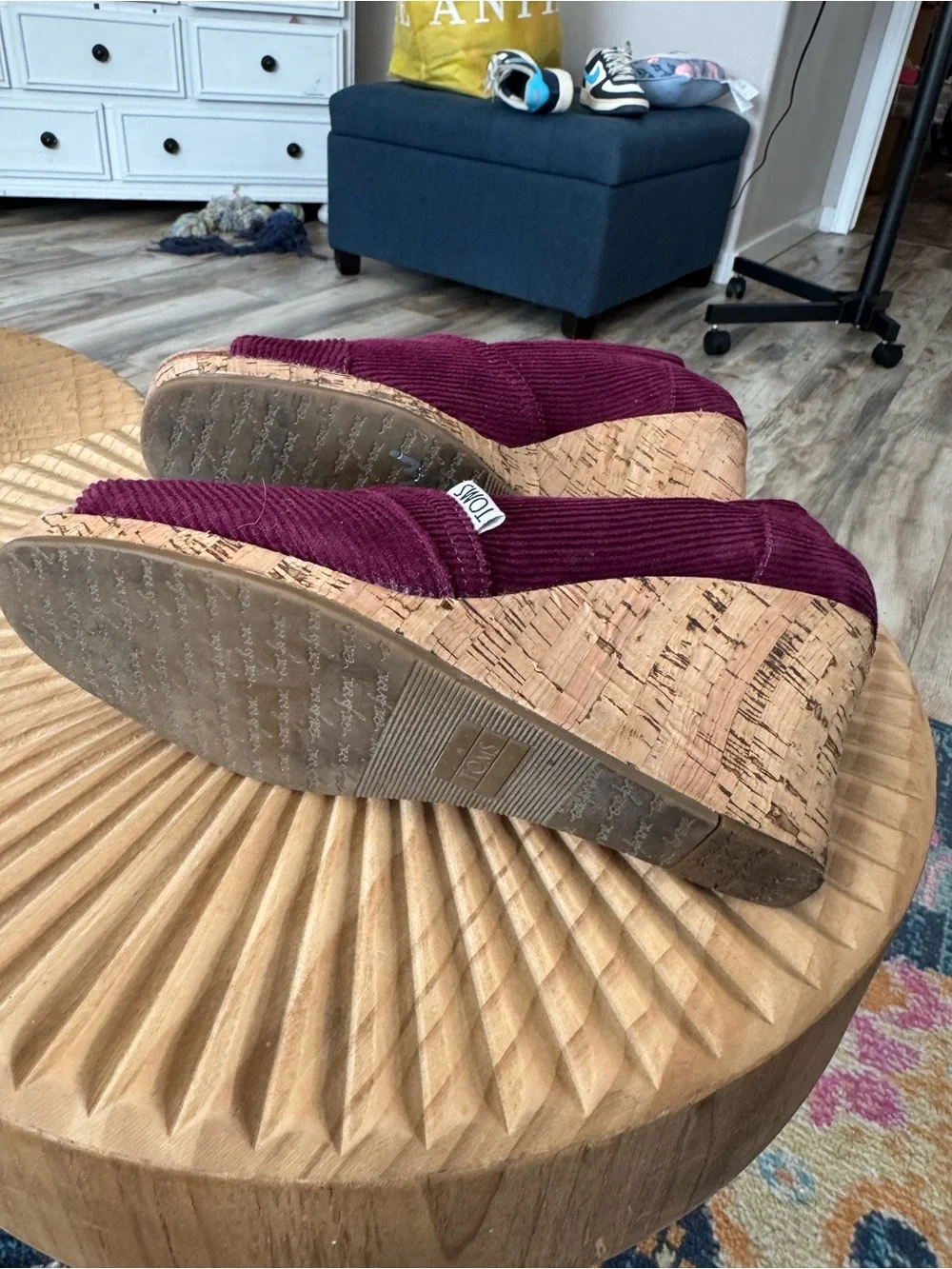 TOMS burgundy corduroy peep-toe wedge sandals with a cork-wrapped platform 8.5